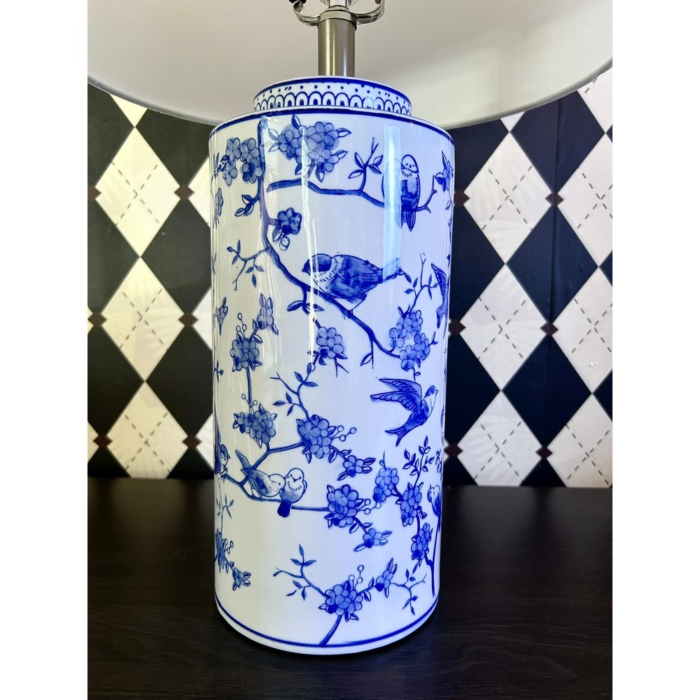 Tall Blue White Chinoiserie Table Lamp Ceramic Bird Floral Ginger Jar 25.5" - Picture 5 of 15